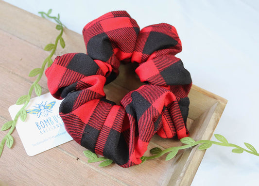 oversized hair scrunchie, red check, handmade hair scrunchie